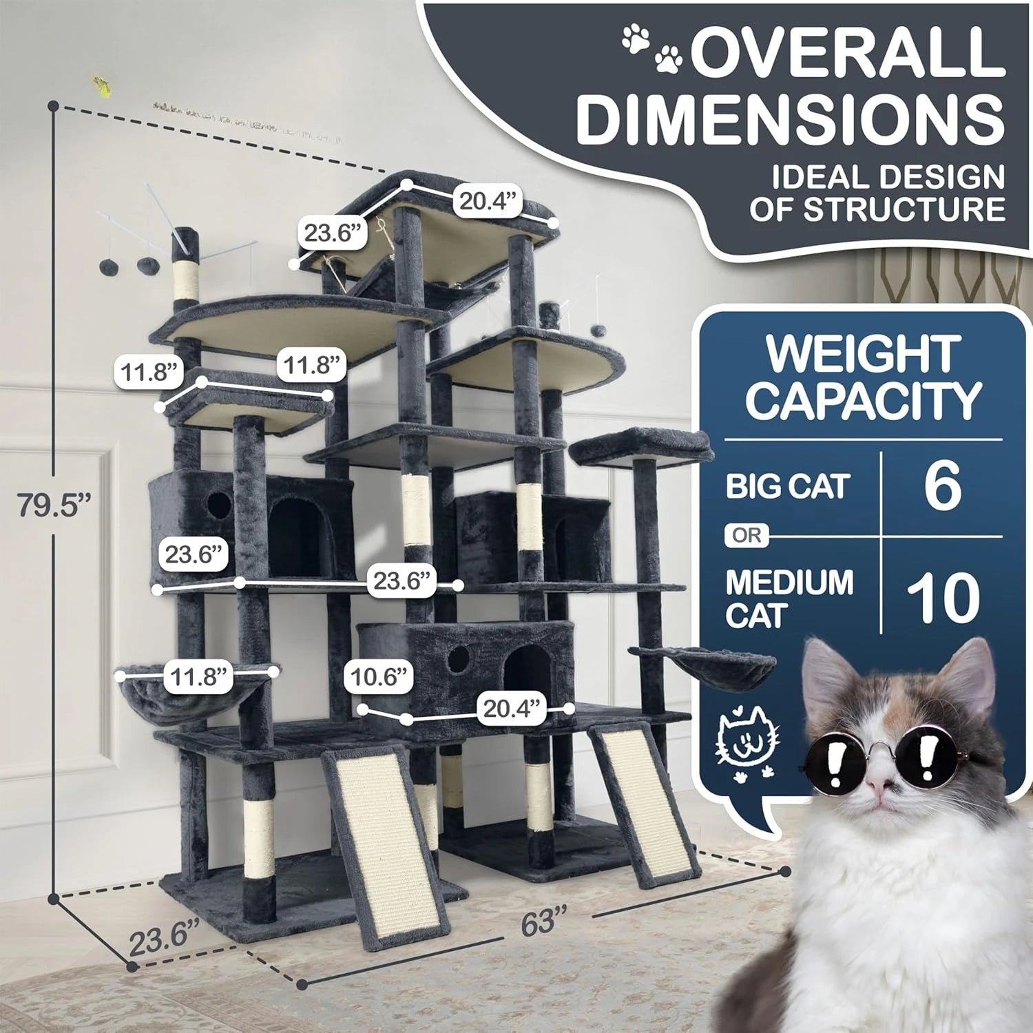 Extra Large 80” Cat Tree – Multi-Level Tower for Big Cats